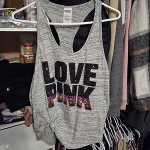 Victoria's Secret PINK Gray Racerback Tank with Black and Metallic Pink Logo